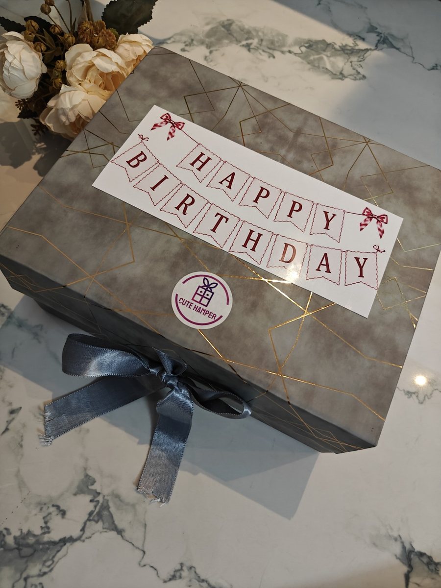 Grey birthday hamper box with bow
